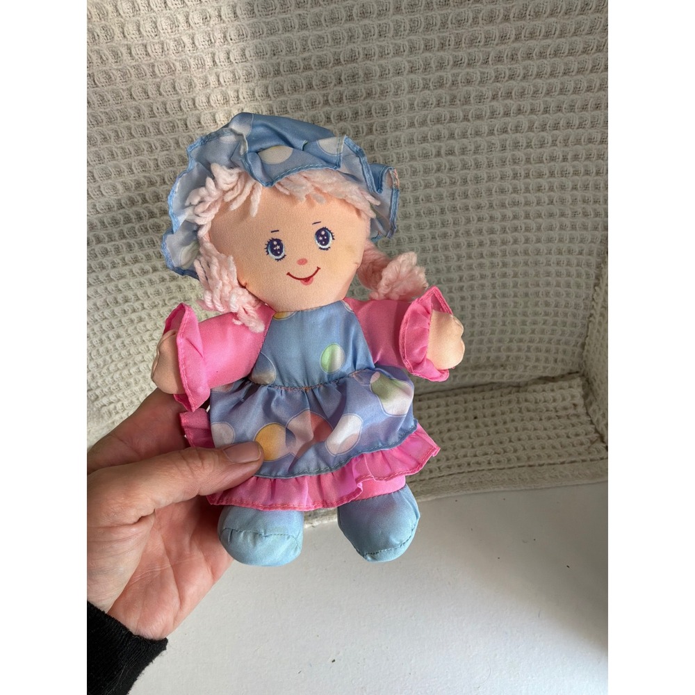 Vintage 1987 Mattel Lollykins Rag Doll Blue Polka Dot Pink Ruffle Small Multi